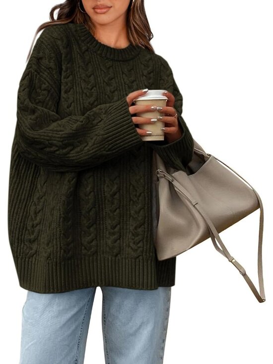 Sweaters - Women's Army Green Cozy Soft Chunky Textured Knit Crewneck Oversized Sweaters